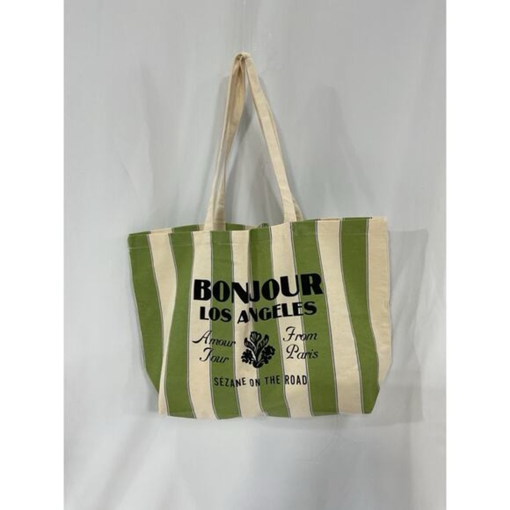 Sézane Bonjour Los Angeles Green Striped Tote Bag - New - Picture 3 of 12